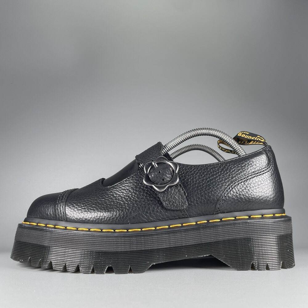 Dr. Martens Black Leather Platform Mary Jane Flats with Yellow Stitching